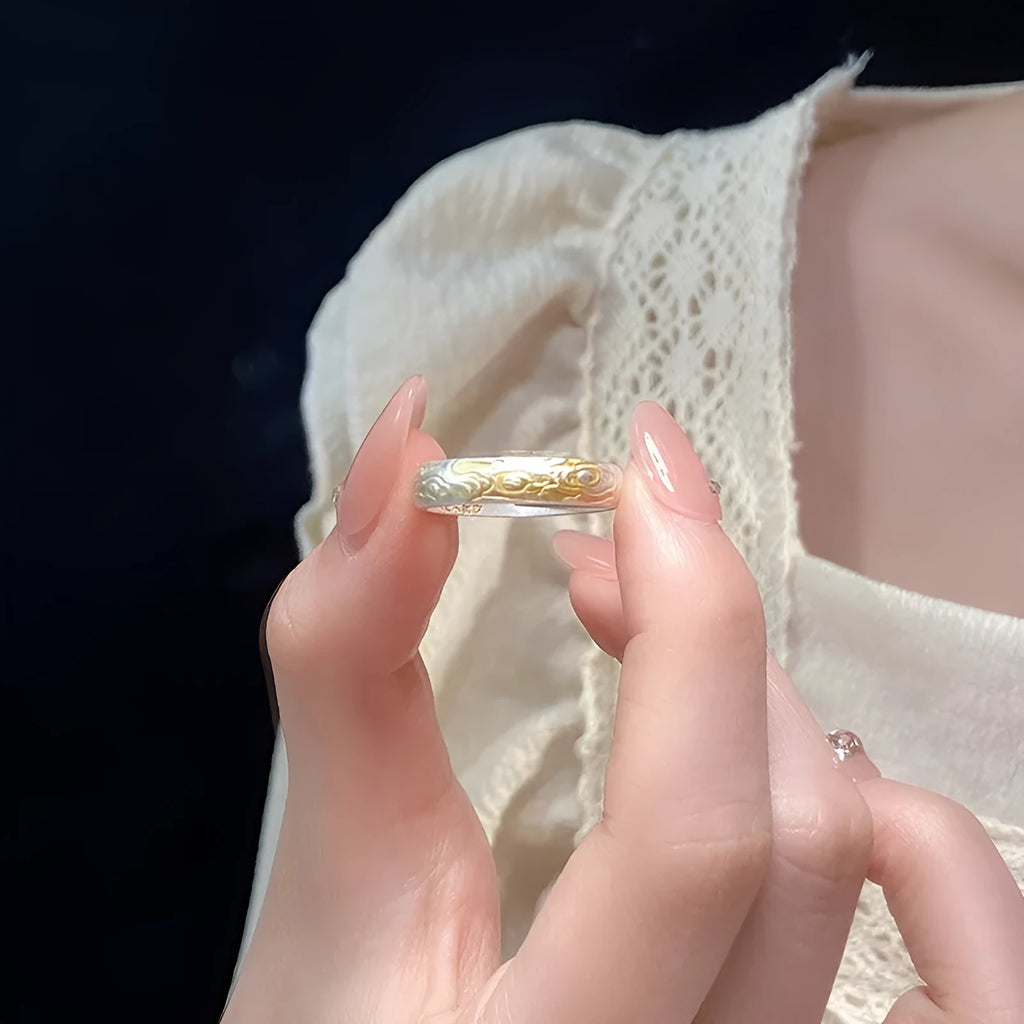 Open mouth adjustable ring with xiangyun pattern in gold electroplating on white copper