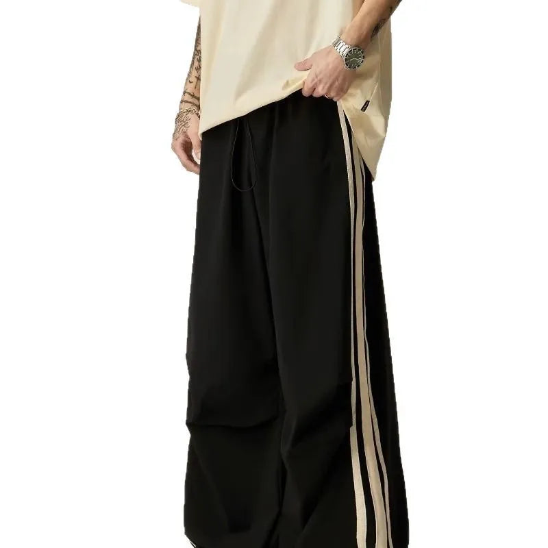 Black wide-leg straight-cut climbing trousers for men with high waist design