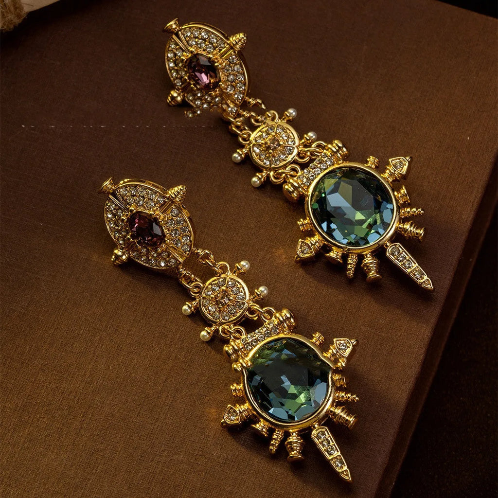 Gold geometric retro stud earrings with round design elements and diamond-treated alloy construction