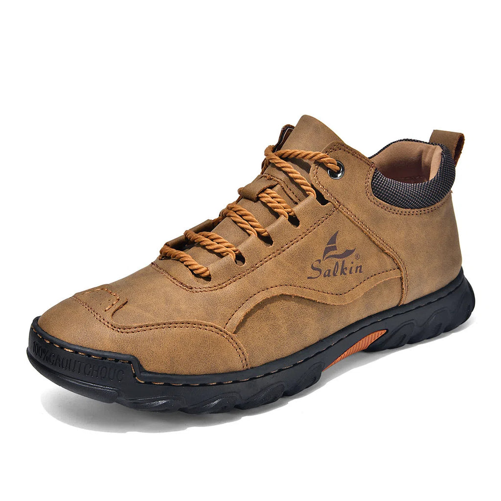 Flat lace-up casual hiking shoes in beige with PU upper, rubber sole, and round toe