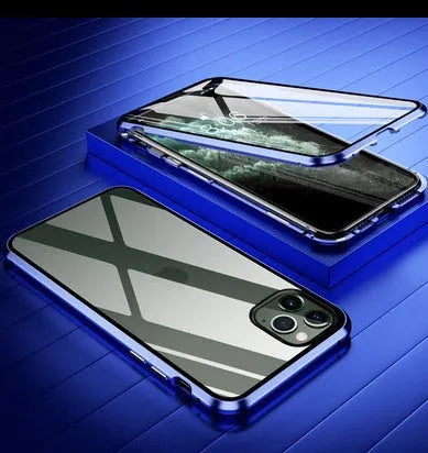 Geometric design aluminium clamshell phone case for iPhone with RFID blocking glass front in six colour options.