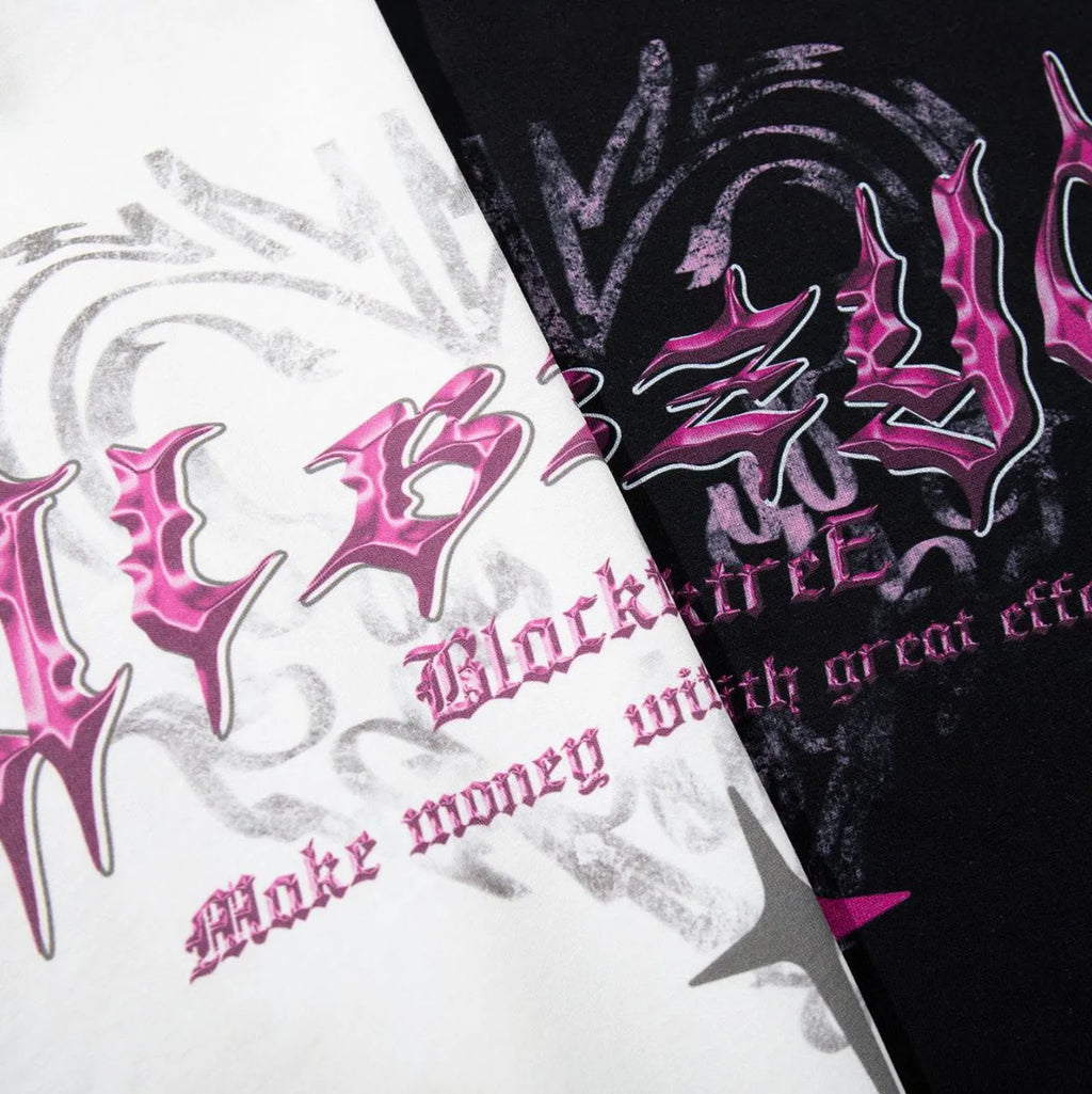 Men's black retro printed cotton t-shirt with loose fit and short sleeves