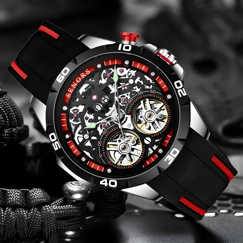 Men's automatic mechanical watch with luminous hollow dial and 14mm case thickness