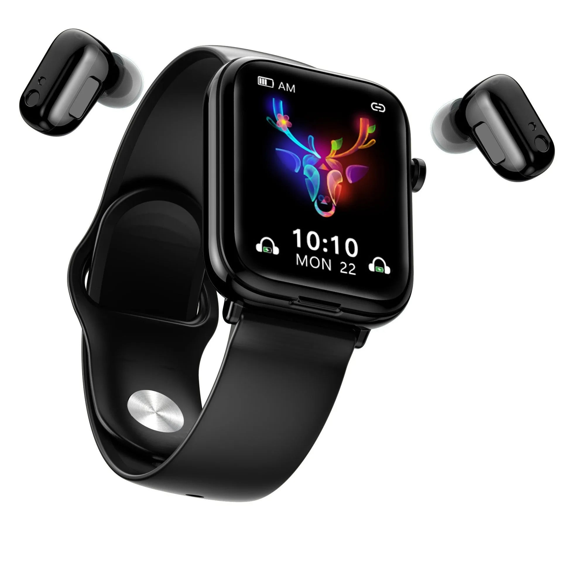 Black all-touch smart Bluetooth headset watch with 1.69-inch display and separate earbuds.