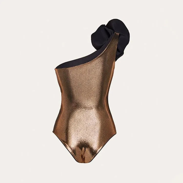 Gold women's halter neck one-piece swimsuit with hollow-out design on mannequin