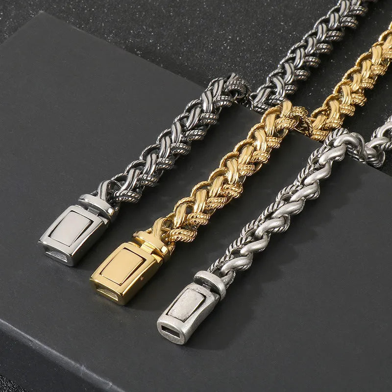 Men's titanium steel keel chain necklace with geometric pendant and large hemp flower links