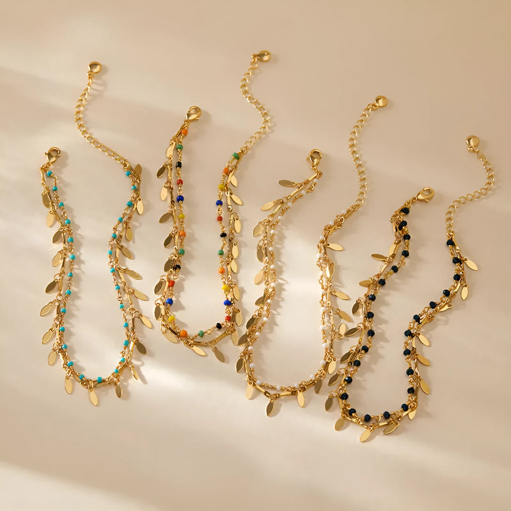 Beach layered retro copper plating 18K real gold anklet with ornament inlay for women