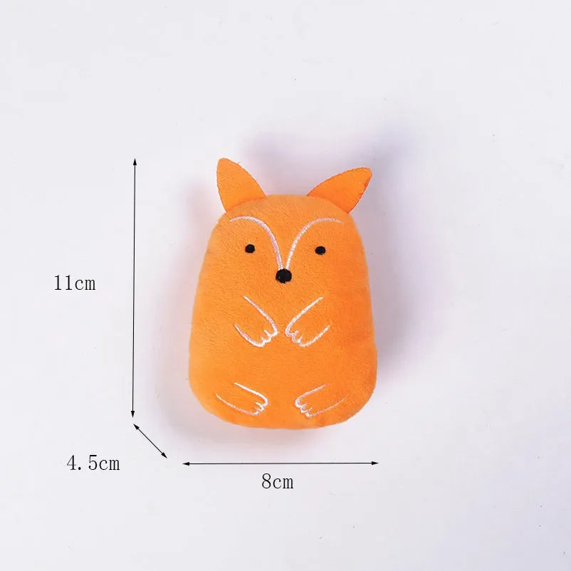 Small plush catnip toy with a squeaker for cats to chew and bite, shown in assorted colours.