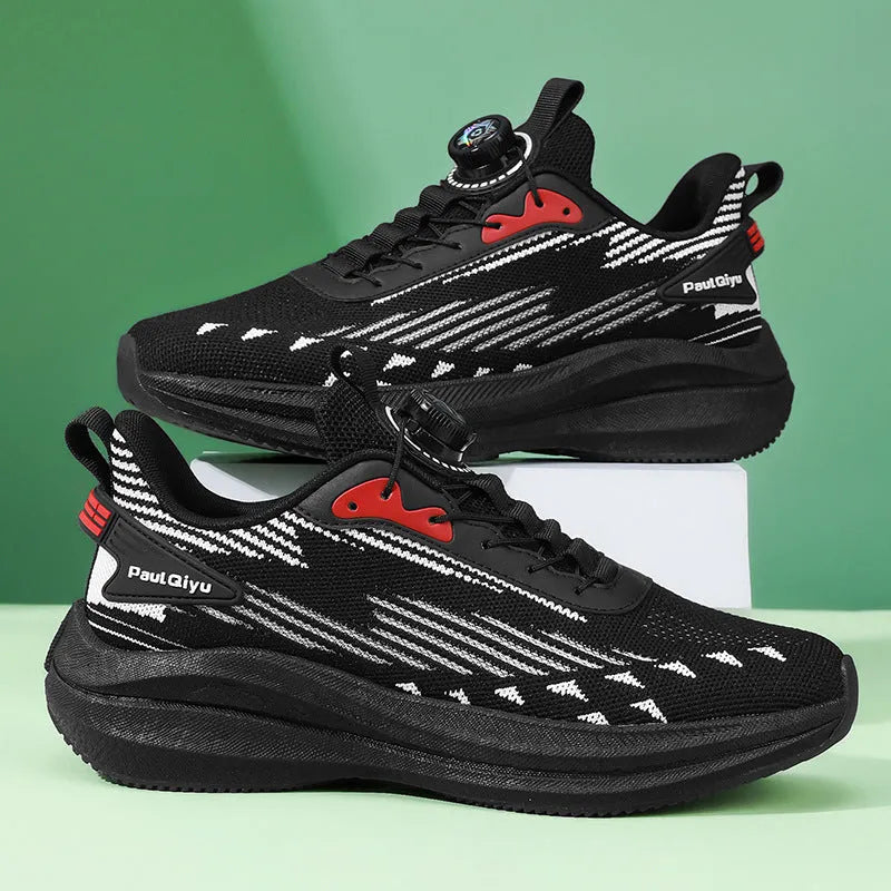Men's white green and black Fly-kit mesh running shoes with rotating buckle lace system