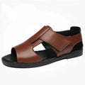 Men's black and brown Roman-style leather sandals with an open toe and non-slip rubber sole.