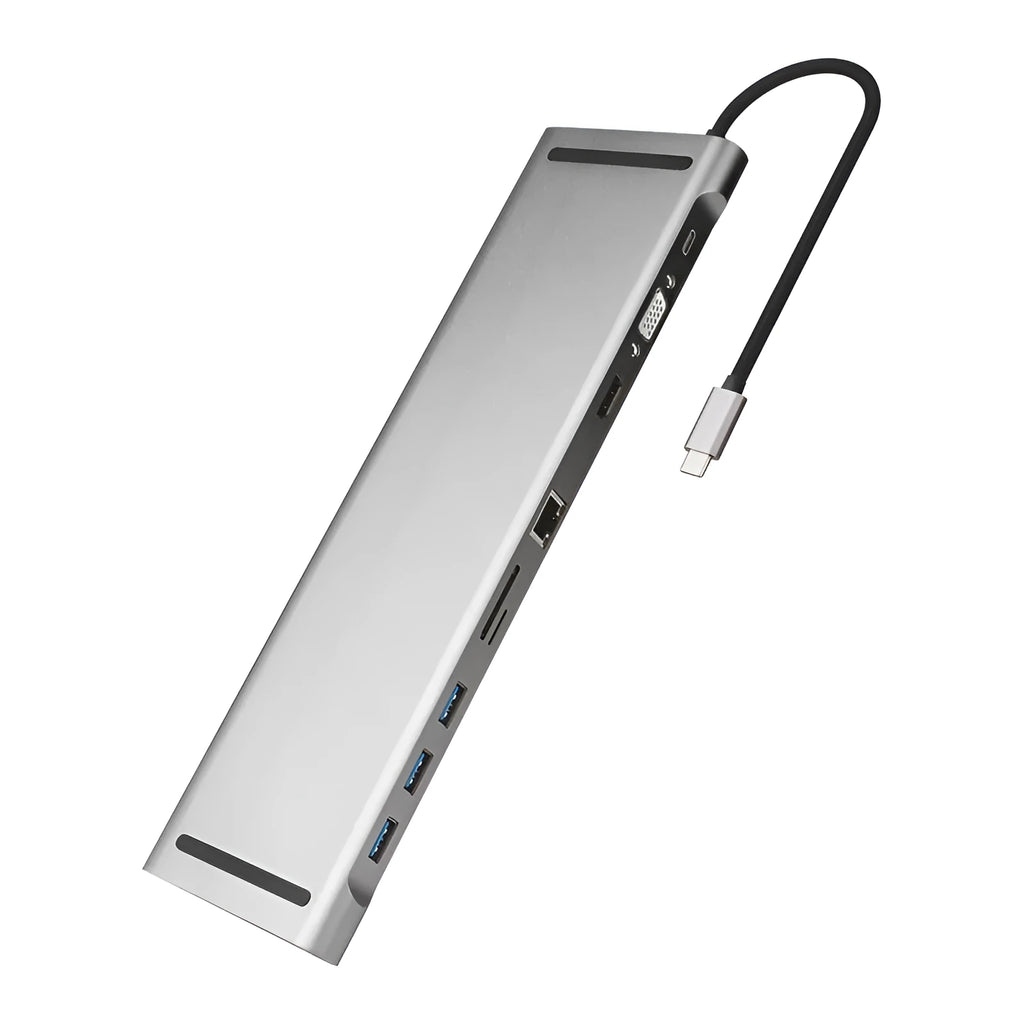 Grey aluminium USB-C docking station with cooling bracket showing multiple ports including HDMI and network