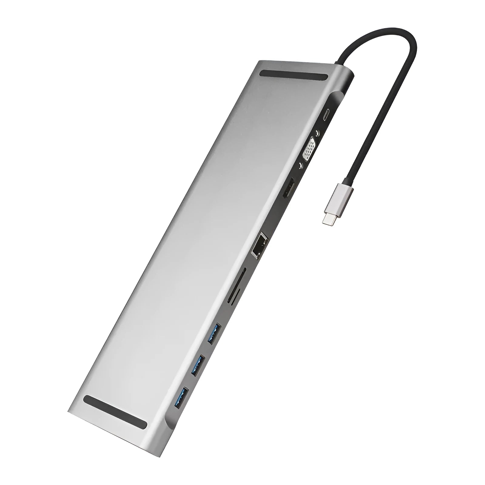 Grey aluminium USB-C docking station with cooling bracket showing multiple ports including HDMI and network