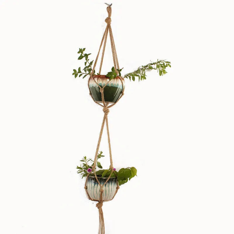 Woven wire planter basket in cotton rope, shown in desktop and wall hanging styles.