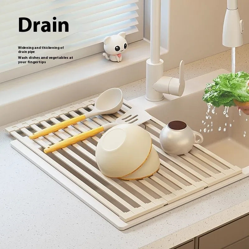 Milky white 304 stainless steel foldable kitchen draining rack with tri-fold design