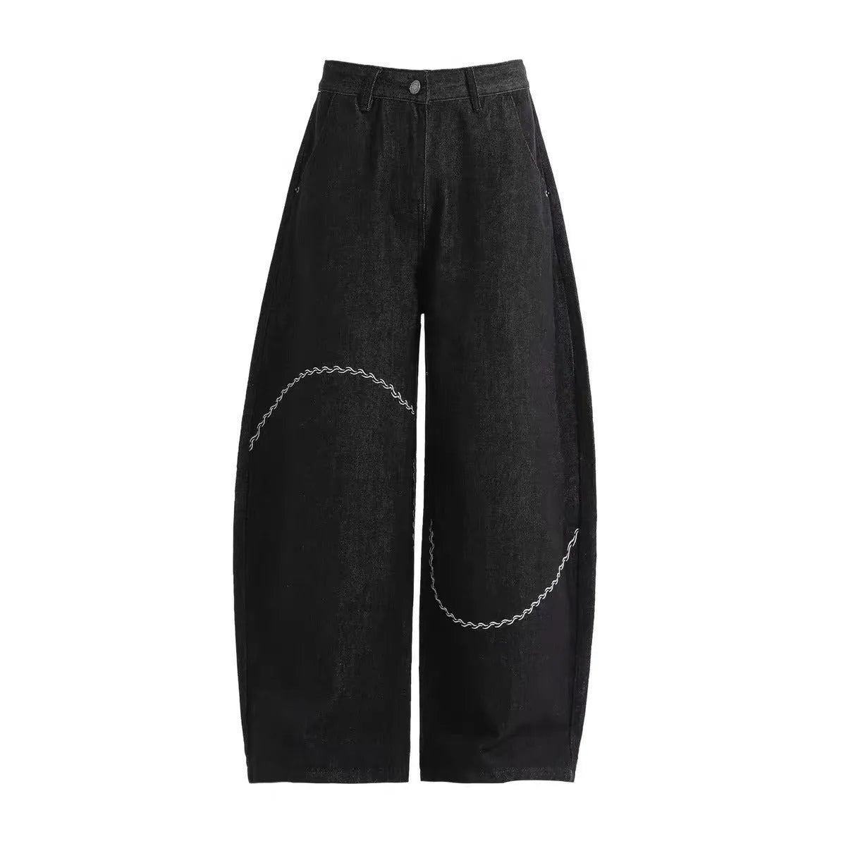 Black straight-leg denim trousers with mid-waist and zip fly for autumn winter wear