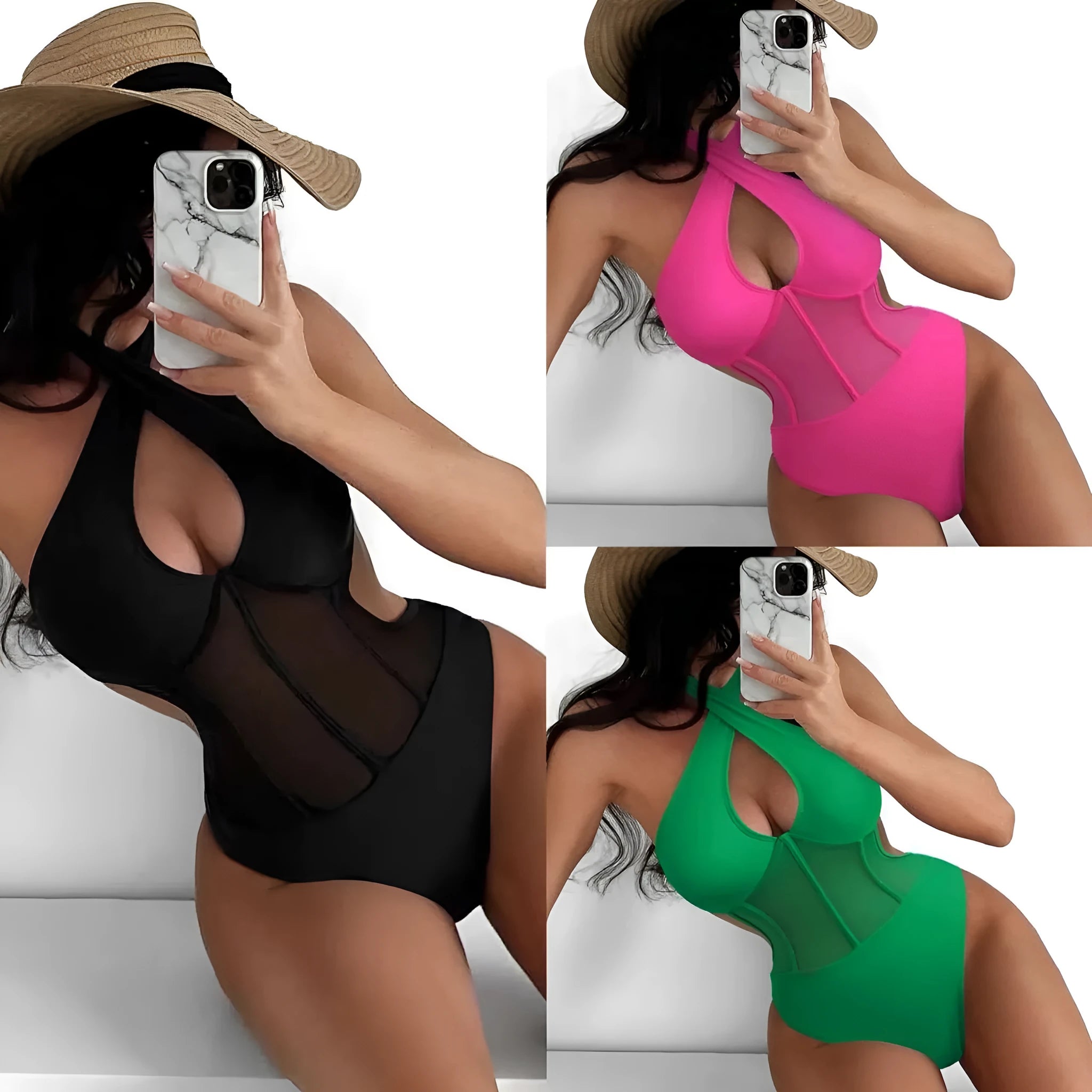 A women's one-piece bikini swimsuit in a nylon-spandex blend, shown in black, rose red, and green colour options.