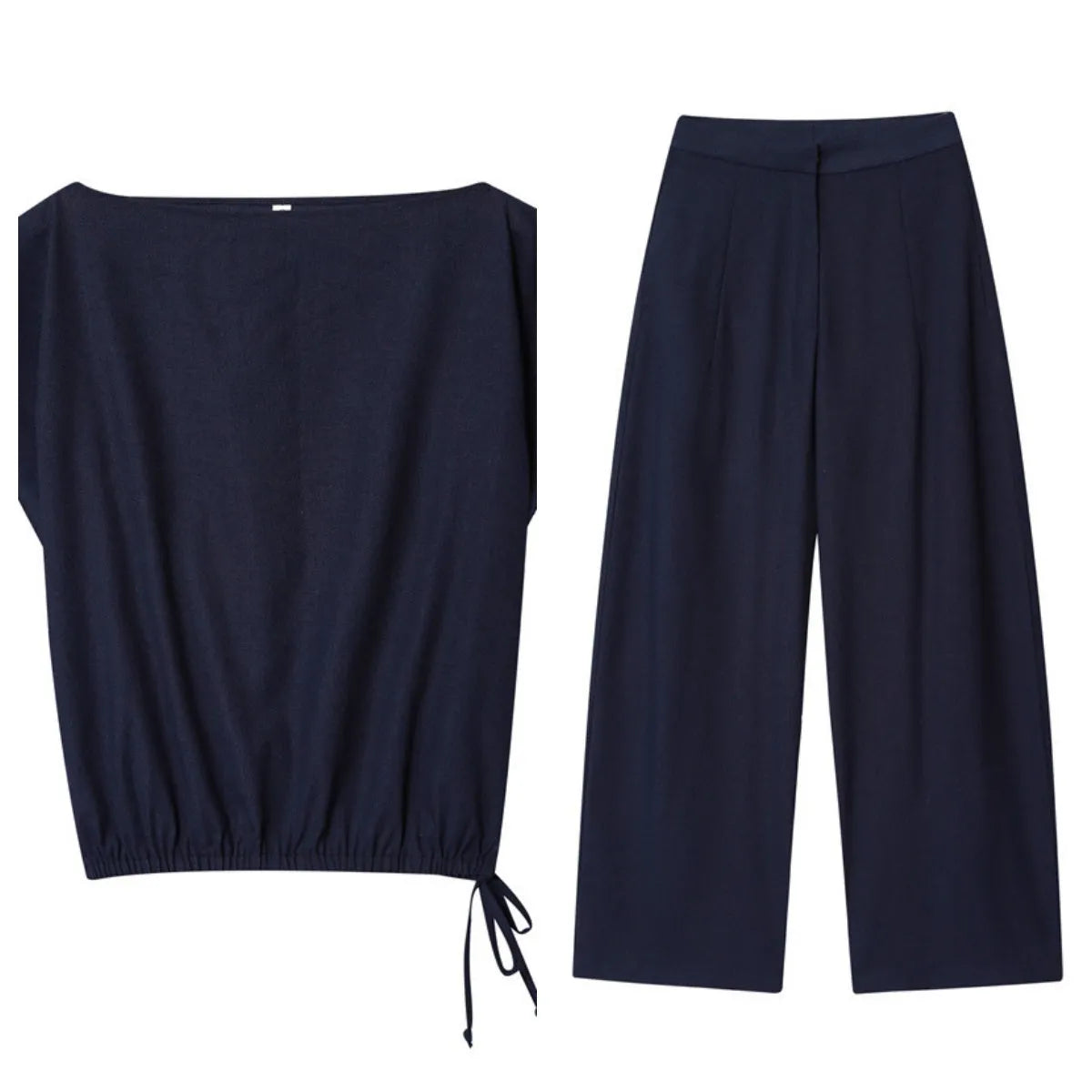 Women's linen blend co-ord set showing flounced sleeve off-neck top with wide leg trousers in temperament commute style