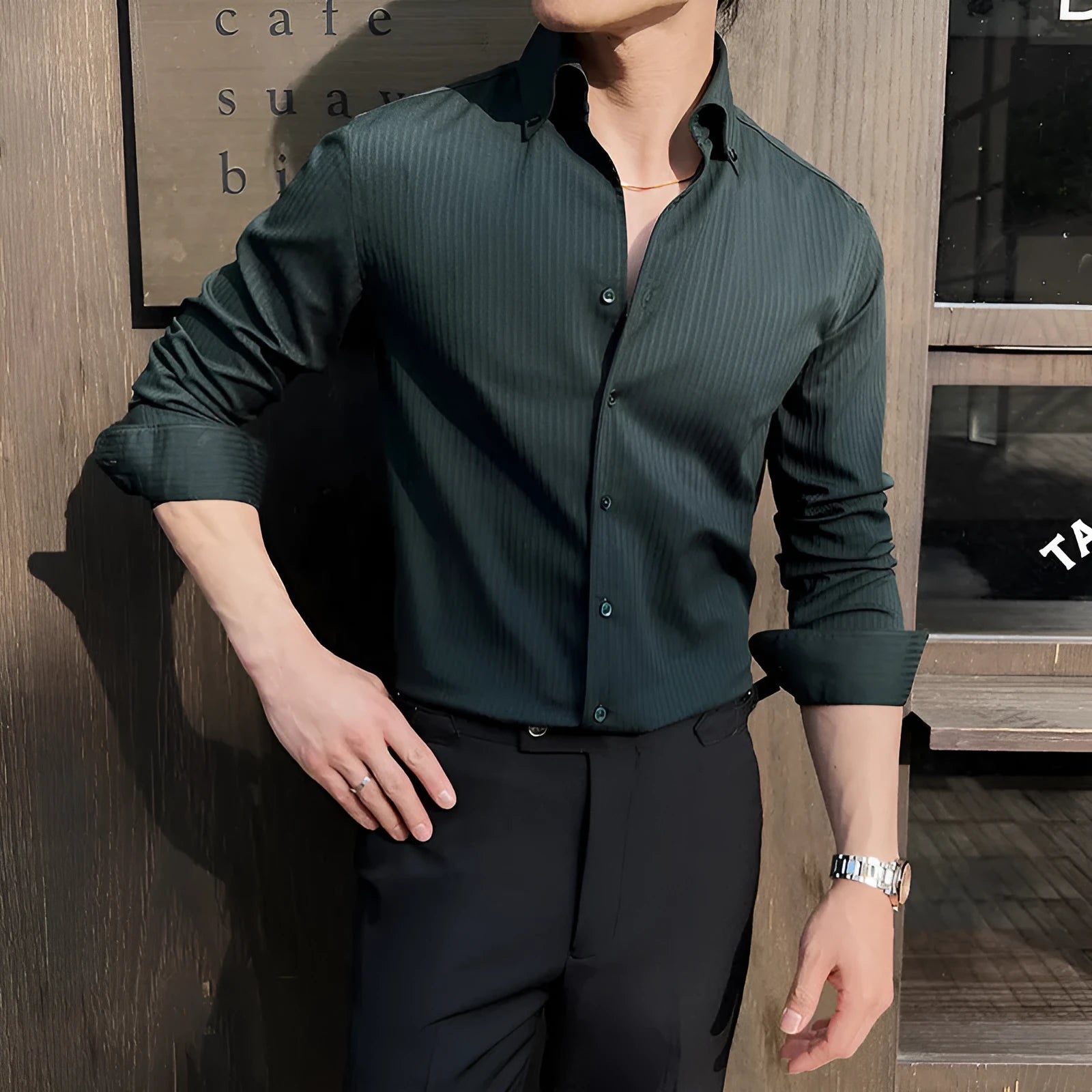 Men's dark striped V-neck long sleeve shirt in chemical fibre blend fabric available in multiple sizes