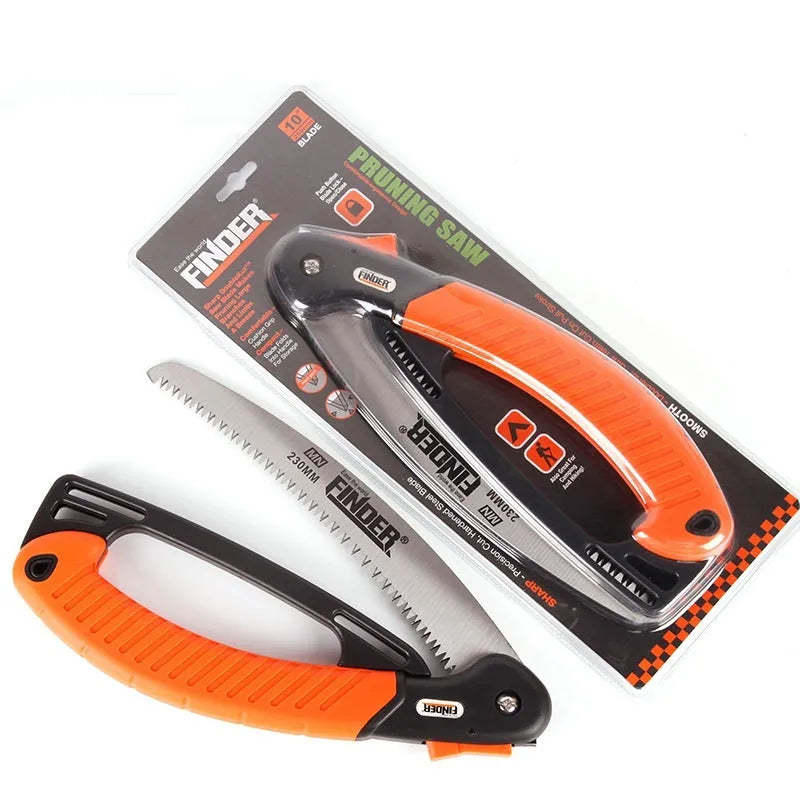Folding garden saw with 230mm steel blade and TPR grip handle in open position