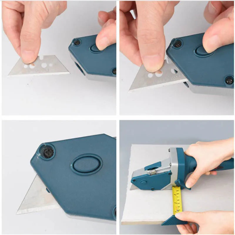 Blue multifunctional woodworking cutter with aluminium alloy body and one-press lock.