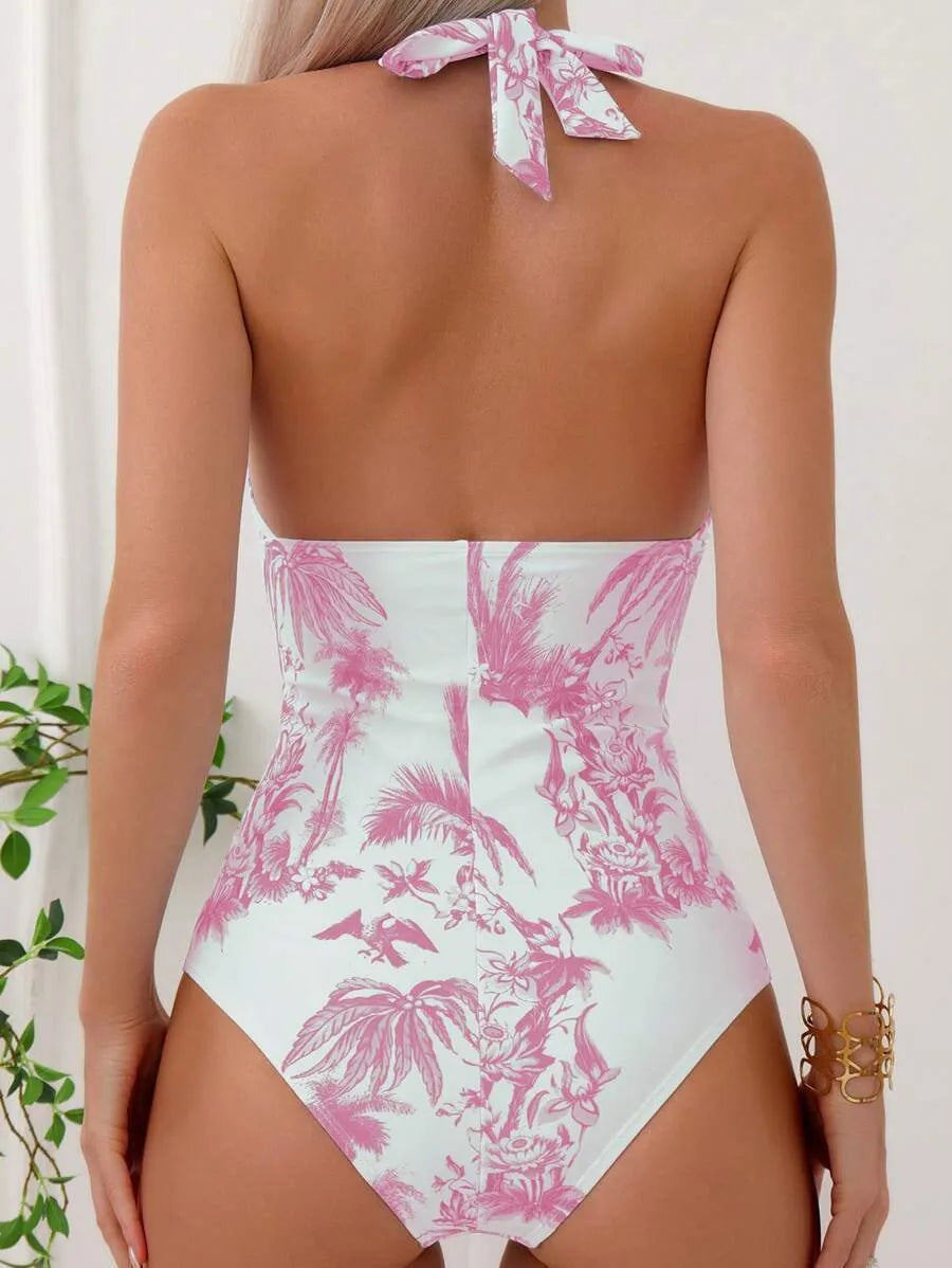 Women's printed V-neck one-piece swimsuit in polyester fabric showing colour options and size range