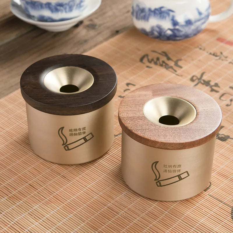 Brass retro ashtray with wooden lid featuring centre hole, made from solid copper for living room use