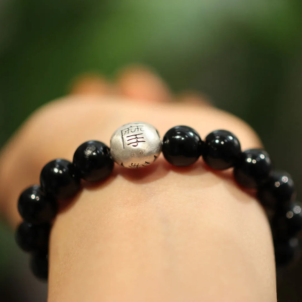 Black agate and sterling silver bracelet with 10mm beads and Chinese style clasp