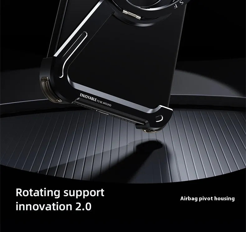 Black metal iPhone 17 Pro Max case with an integrated magnetic bracket on the back.