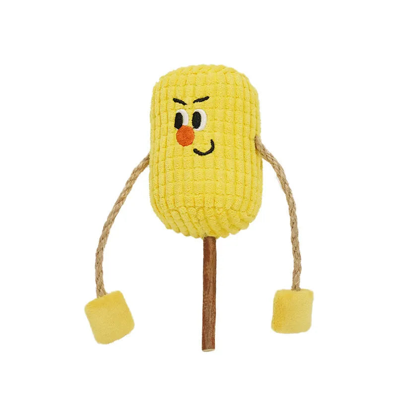 Corn cob shaped cat chew toy made from natural polio wood with catnip, measuring 7cm by 6cm by 15cm.