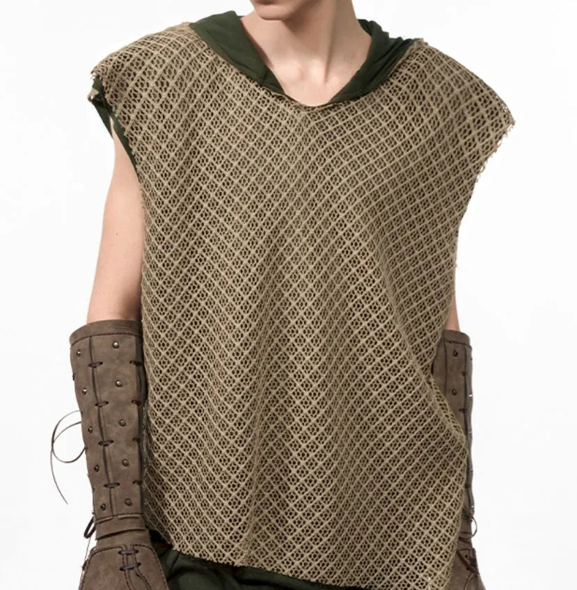 Niche Real Two Pieces checkered hollow pullover hooded vest in black side view