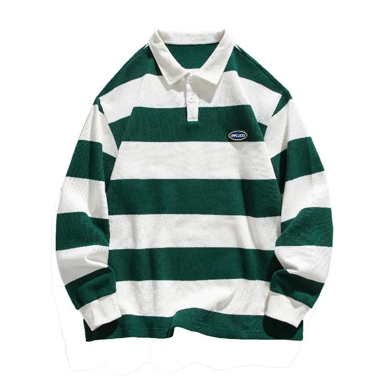 Hong Kong style pearl cotton polo shirt with lapel collar in loose fit, available in coffee, blue or green.