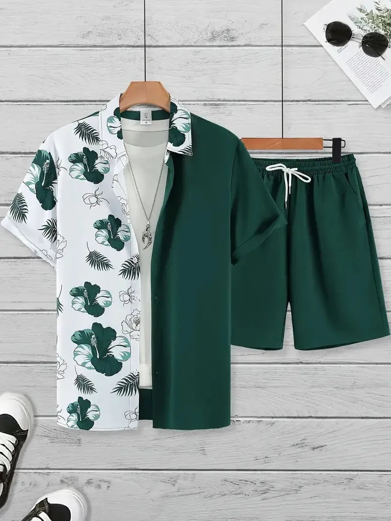 Men's 3D printed Hawaiian patterned shirt and shorts casual set in polyester fabric