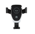 Black car wireless charger mount holding Apple iPhone with automatic clamping arms on car dashboard
