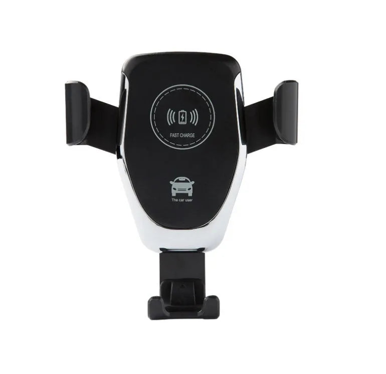 Black car wireless charger mount holding Apple iPhone with automatic clamping arms on car dashboard