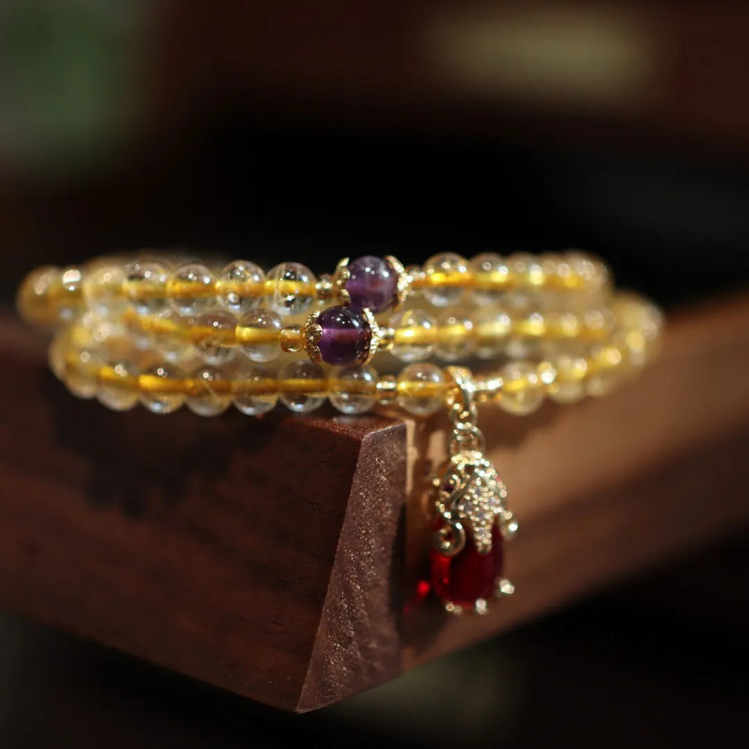 Natural Brazil gold rutilated quartz bracelet with three circles design and Chinese style