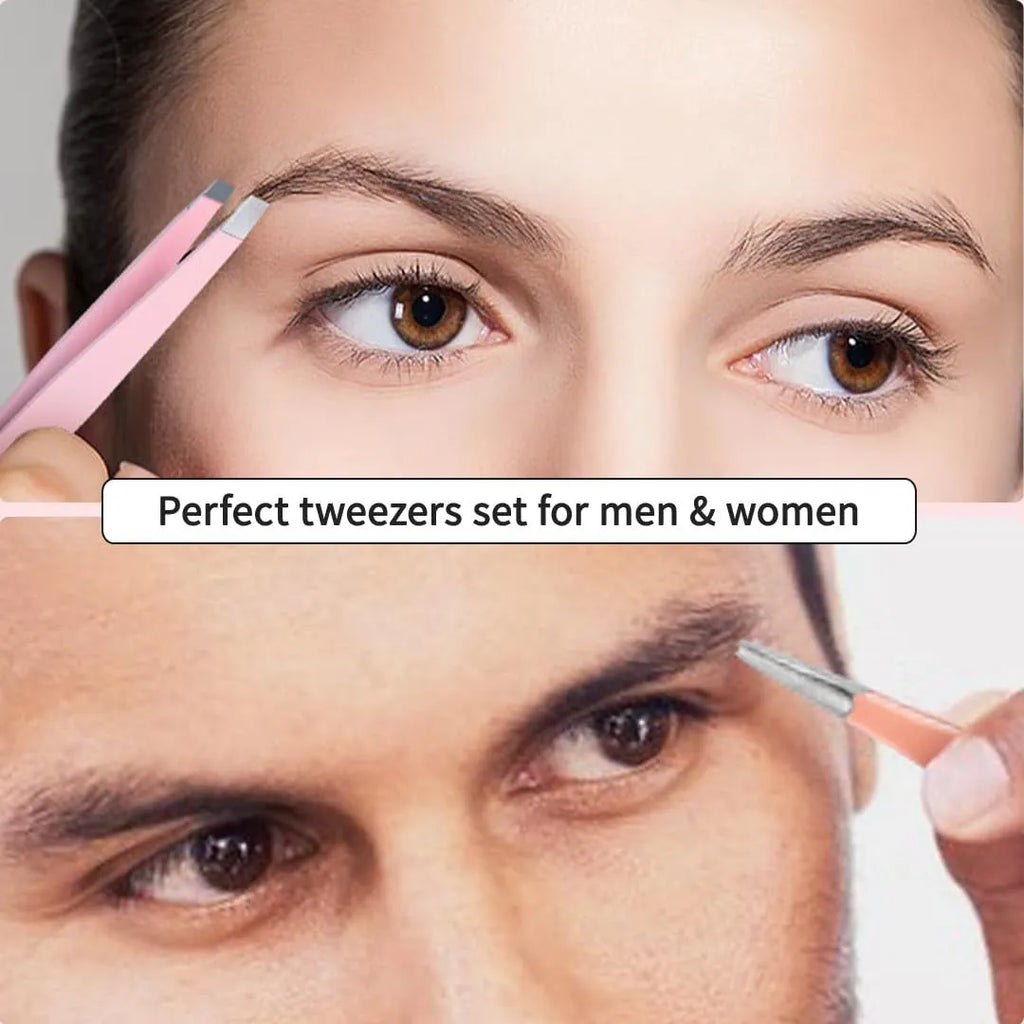 Professional eyebrow tweezers set showing stainless steel tools in leather case with protective covers
