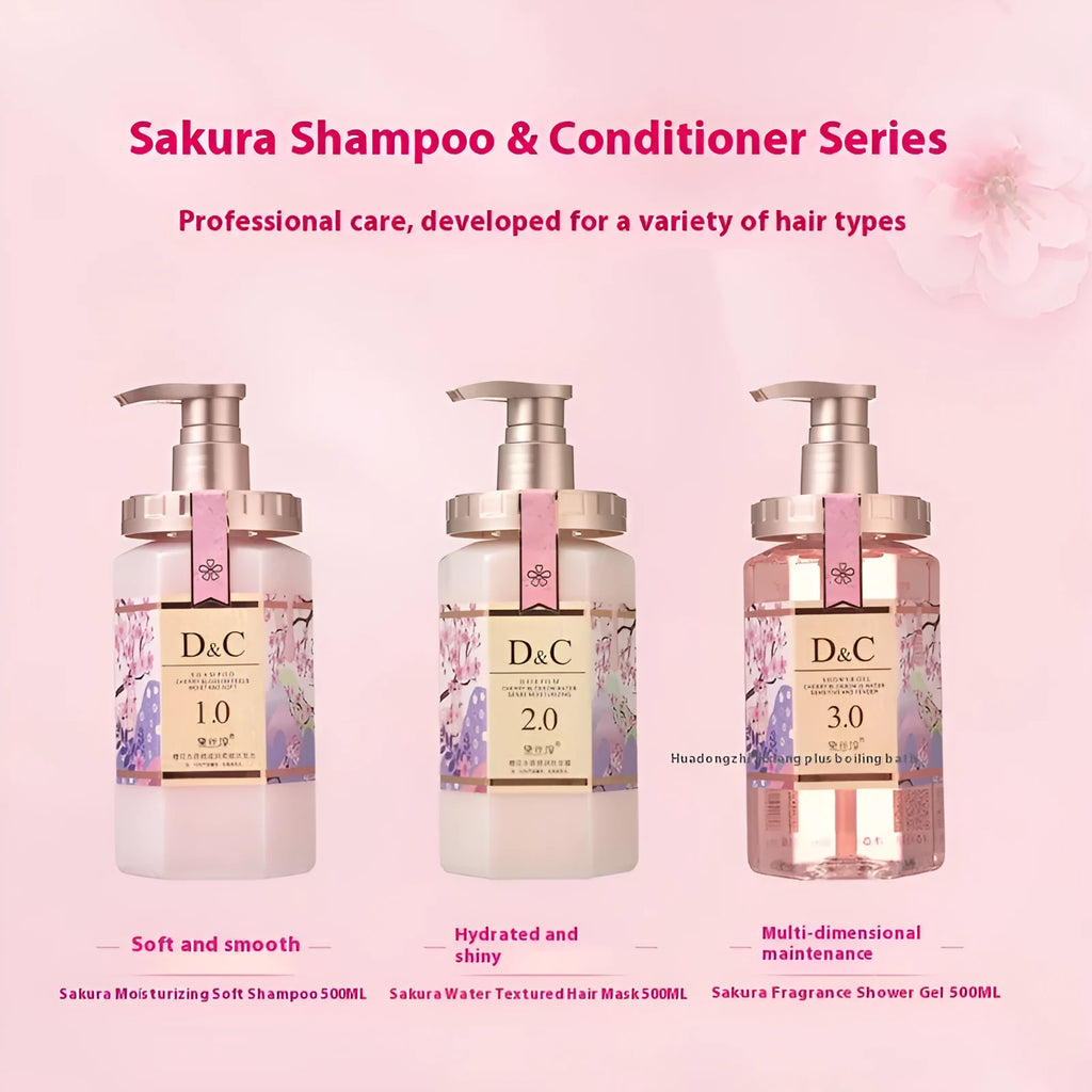 Sakura shampoo conditioner shower gel 500ml set with cherry blossom fragrance