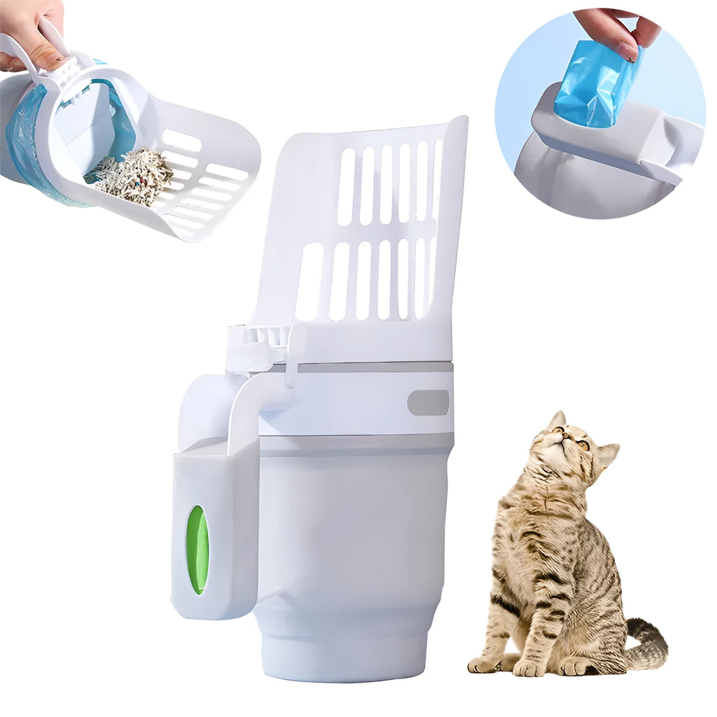Grey blue green foldable cat litter scooper with waste bin system showing 2-in-1 design