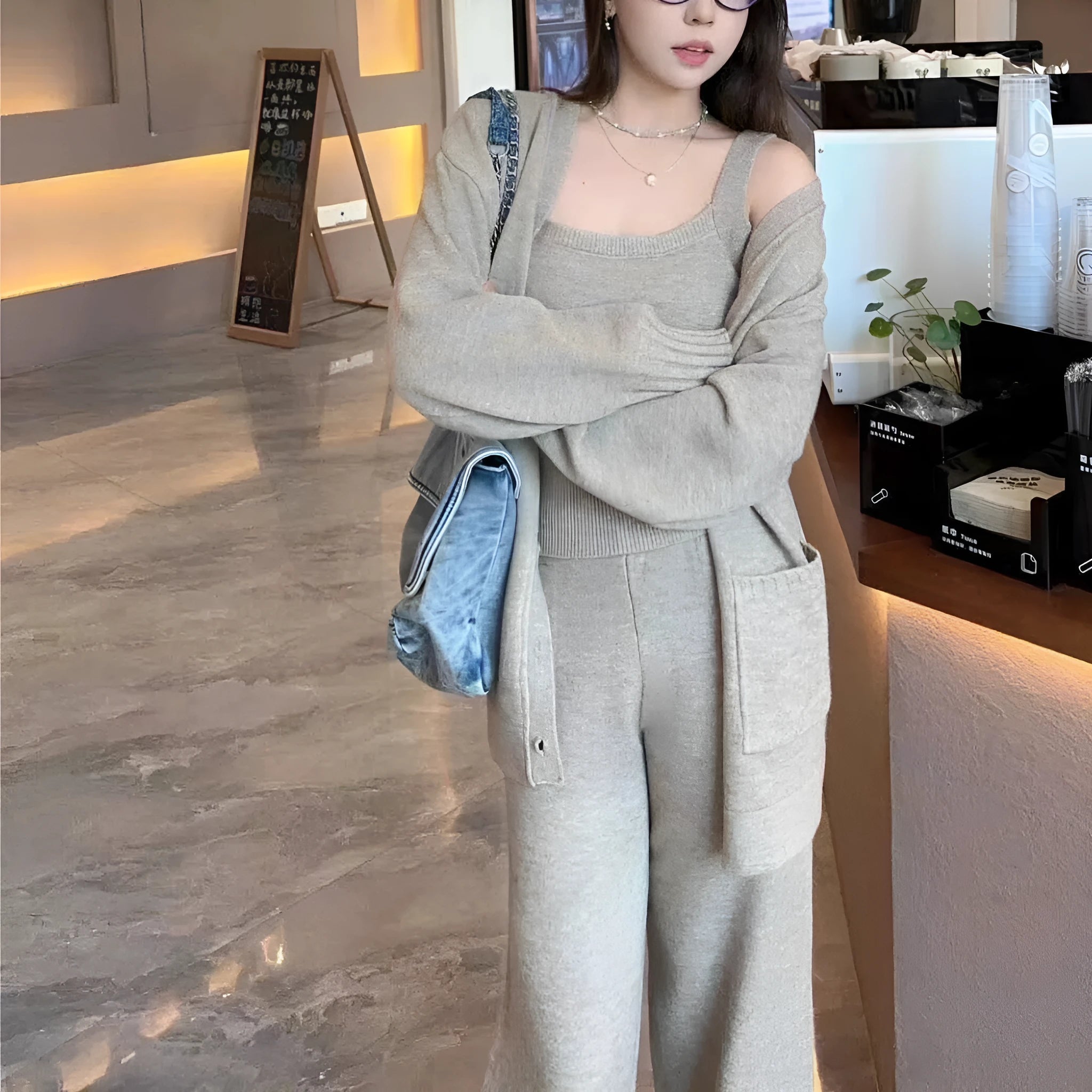 Women's knit cardigan suspender pants three-piece set in loose Japanese Korean casual style