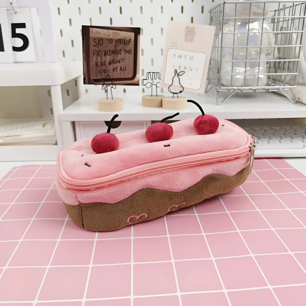 Korean style velvet pencil case with plush cherry cake design on soft fabric pen bag