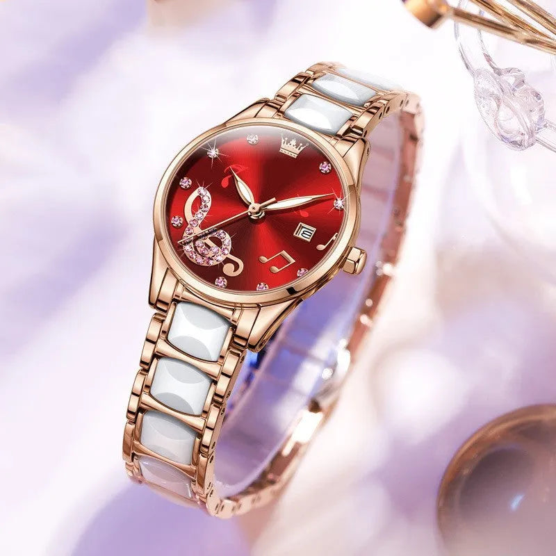 Fashion diamond inlaid women's quartz watch with steel ceramic strap, 28mm case, green dial