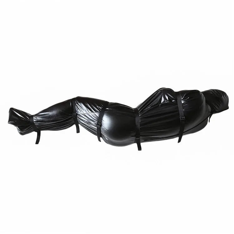 Black patent leather bondage set with full body outfit and six ratchet tie-down straps