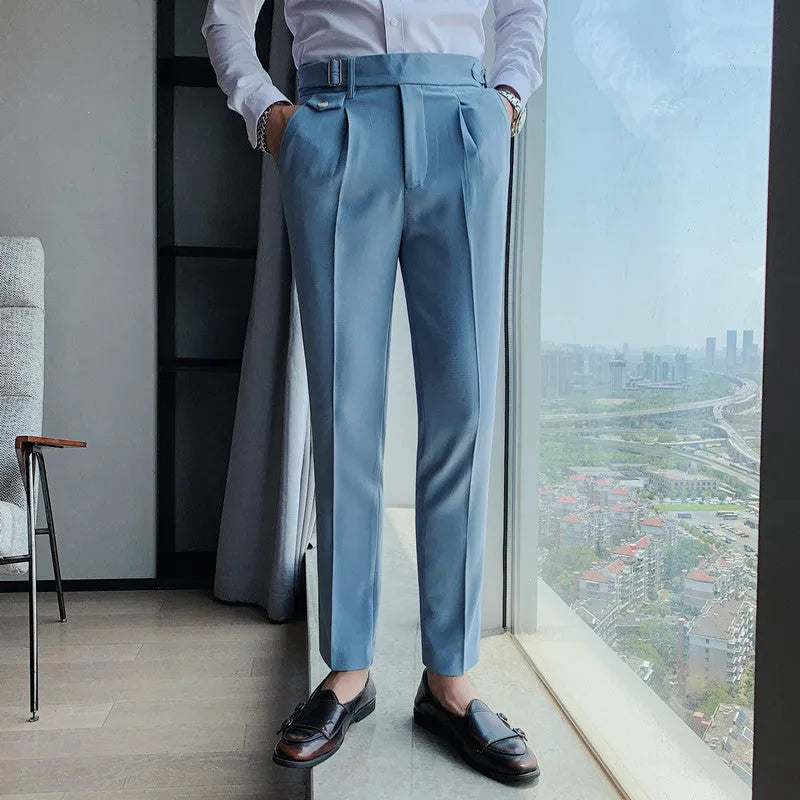Men's straight-leg polyester casual trousers in solid khaki colour on a hanger.
