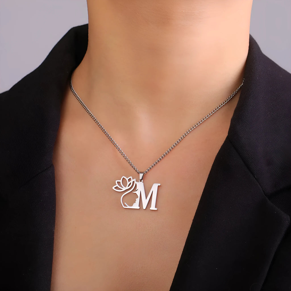 Stainless steel necklace with cross chain design and letter pendant in gold or silver electroplated finish