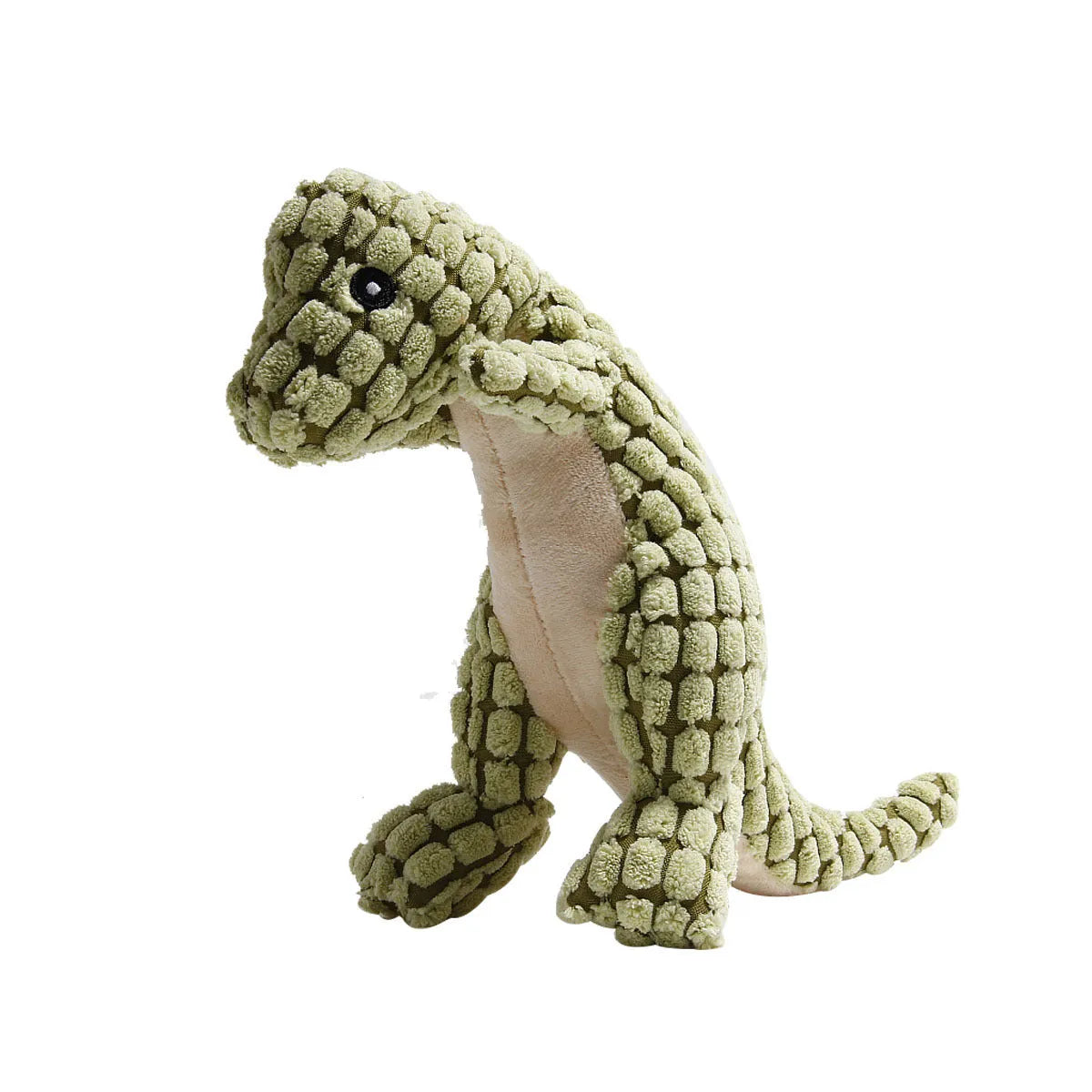 Set of four grey, green, and orange dog chew toys that produce sound, shown with size scale.
