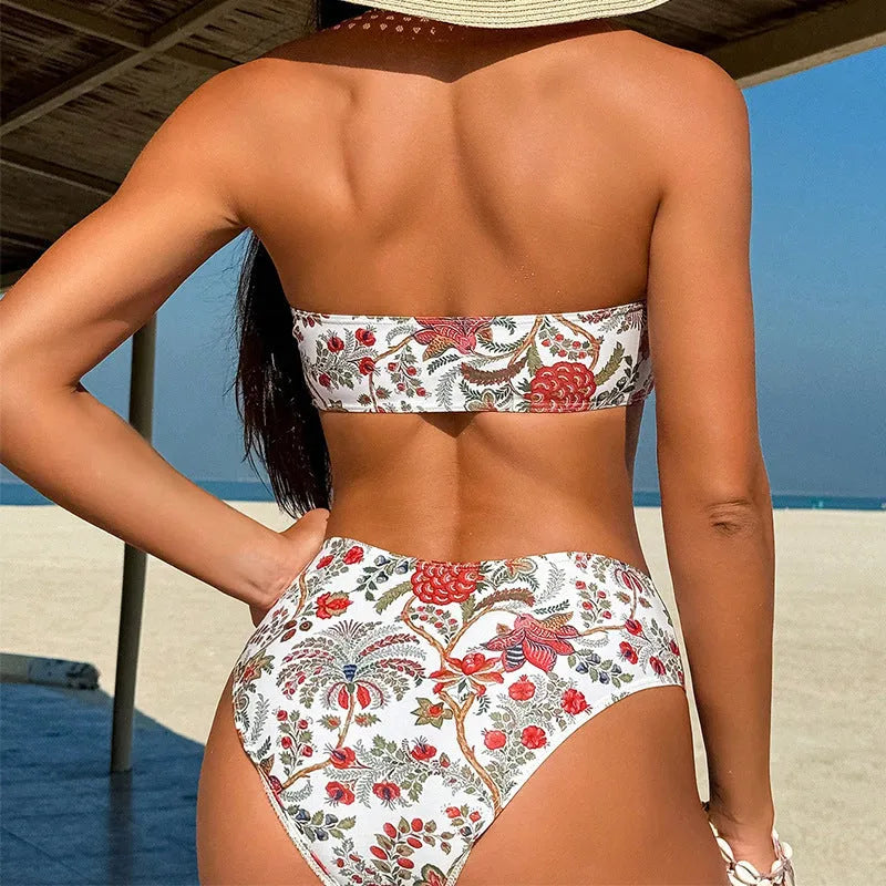 Women's printed bandeau triangle bikini top with matching shorts swimsuit set.