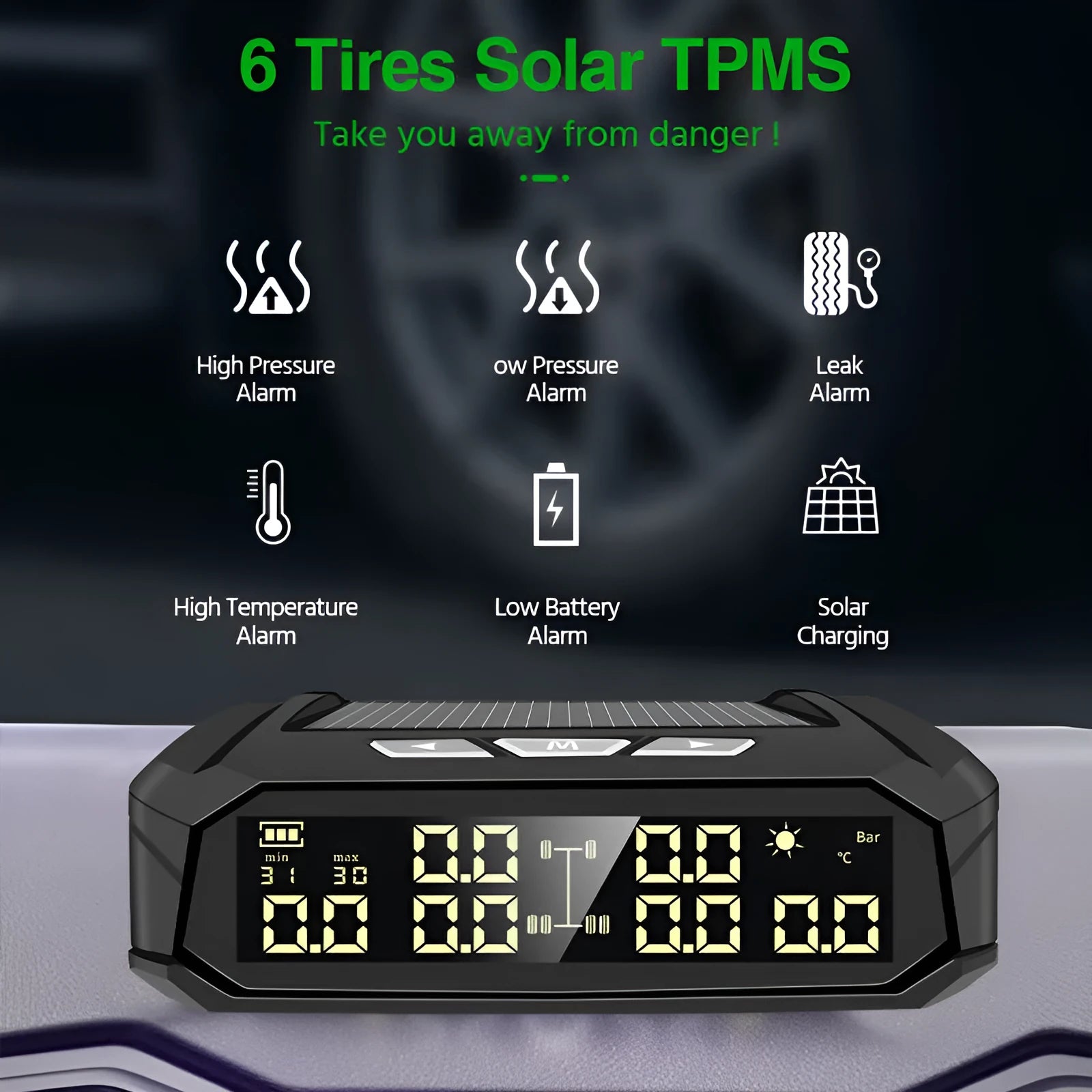 Solar tyre pressure monitor with colour display for six tyres on RVs and trucks