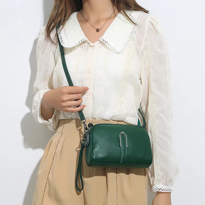 Genuine cowhide leather women's shoulder bag in horizontal square shape, 19x13x6cm, shown in a neutral colour.