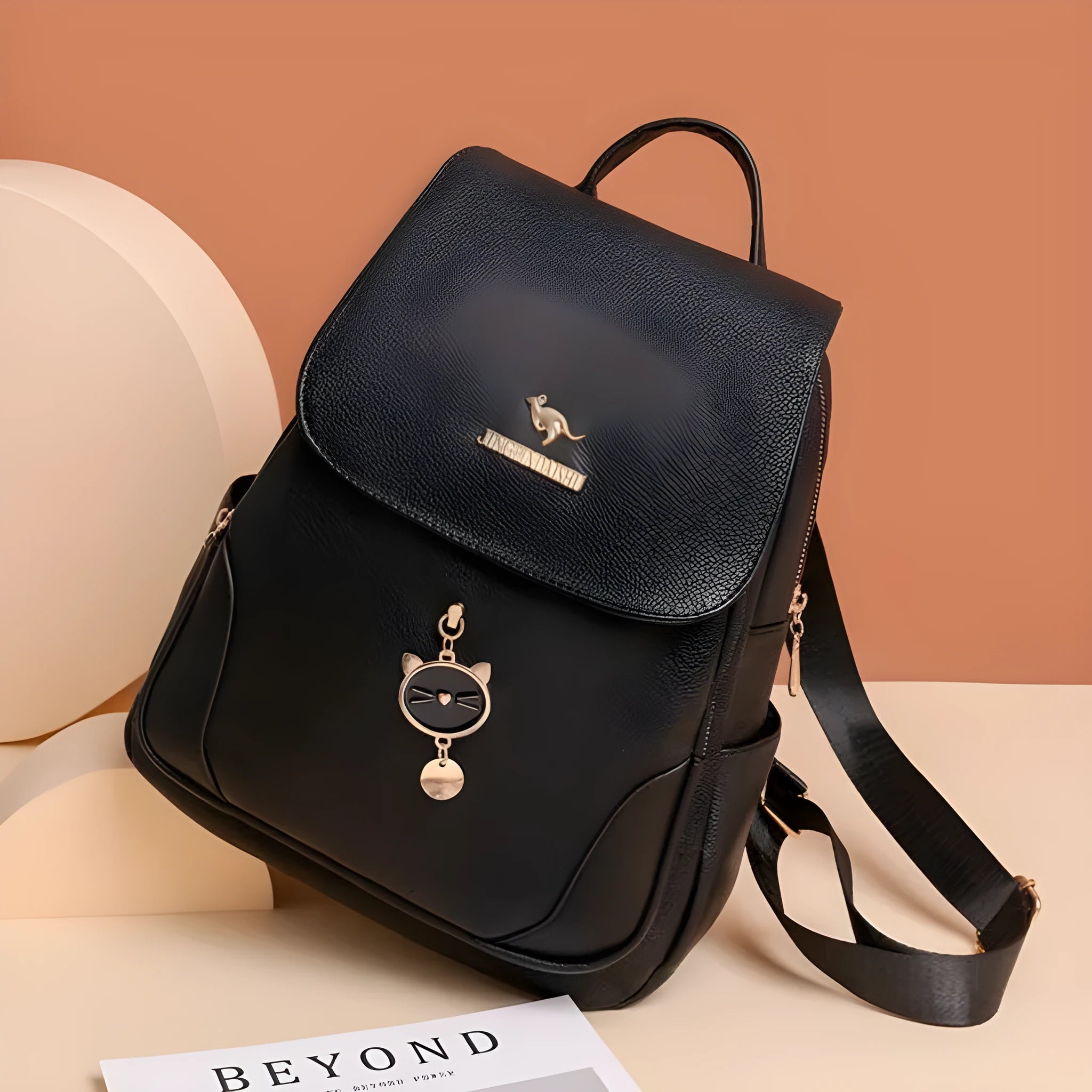 Women's leather backpack with textured material and three-dimensional pockets in street style