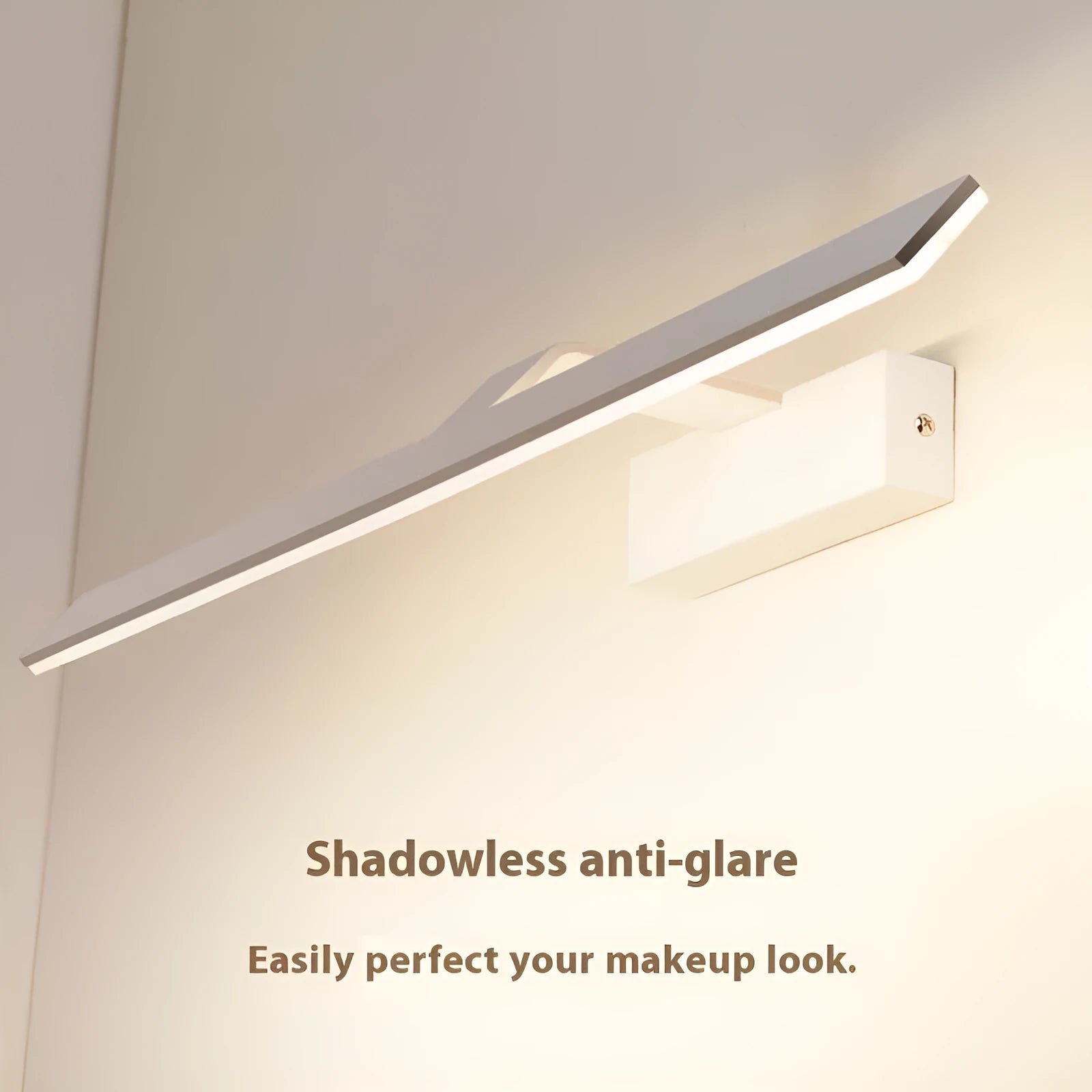 White LED mirror headlight bar mounted above a bathroom mirror, showing three light colour options.